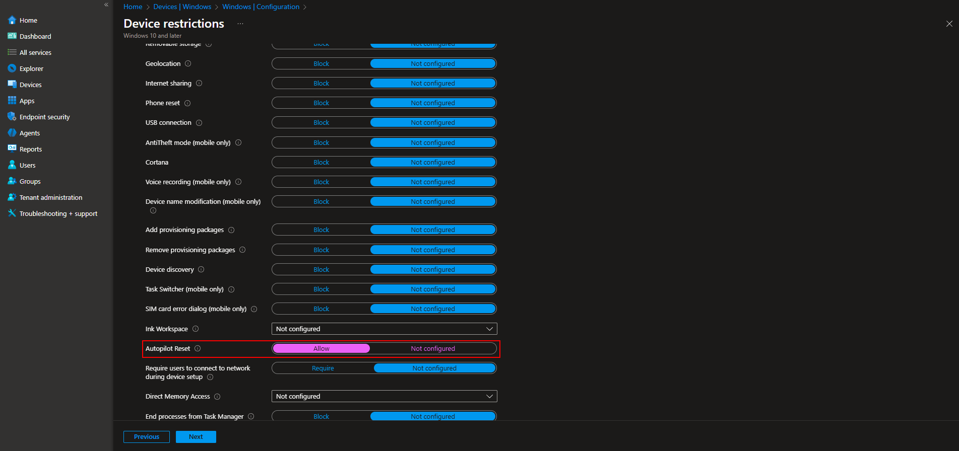Review and create Autopilot Reset policy